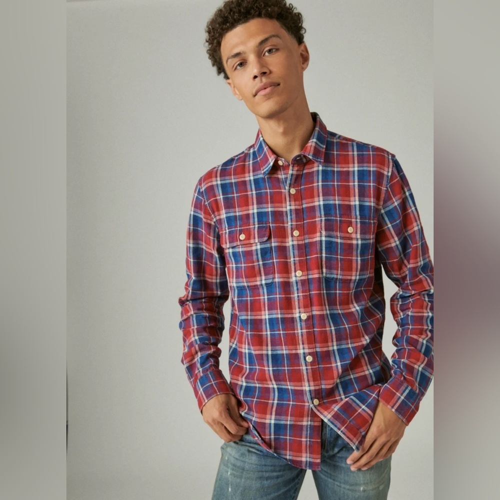 Lucky Brand Classic Fit Red and Blue Plaid Button Up Shirt size XL